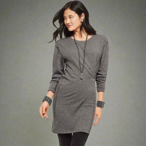 CAbi Dresses & Skirts - CAbi 3650 Gray Long Sleeve Faux Wrap Pull On Sweatshirt Dress